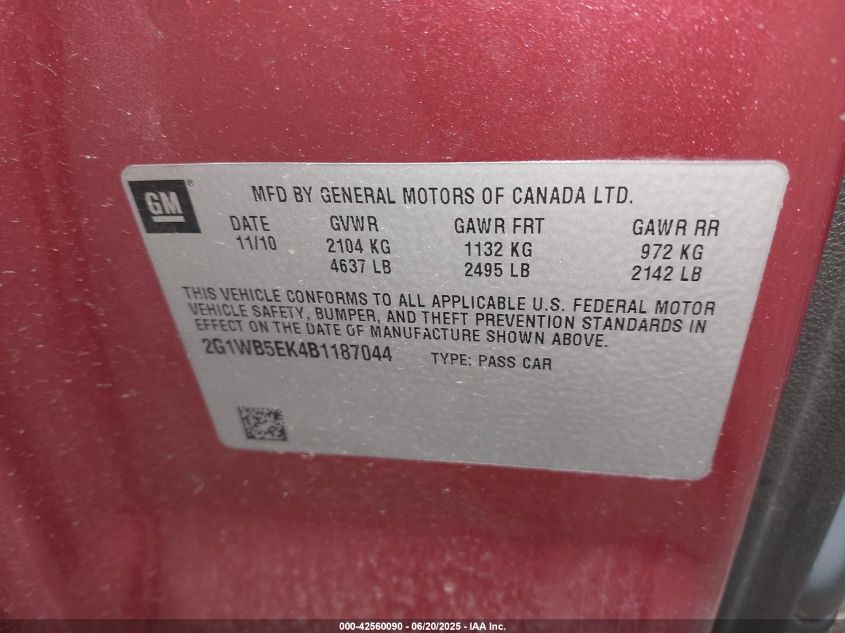 2011 Chevrolet Impala Lt VIN: 2G1WB5EK4B1187044 Lot: 42560090