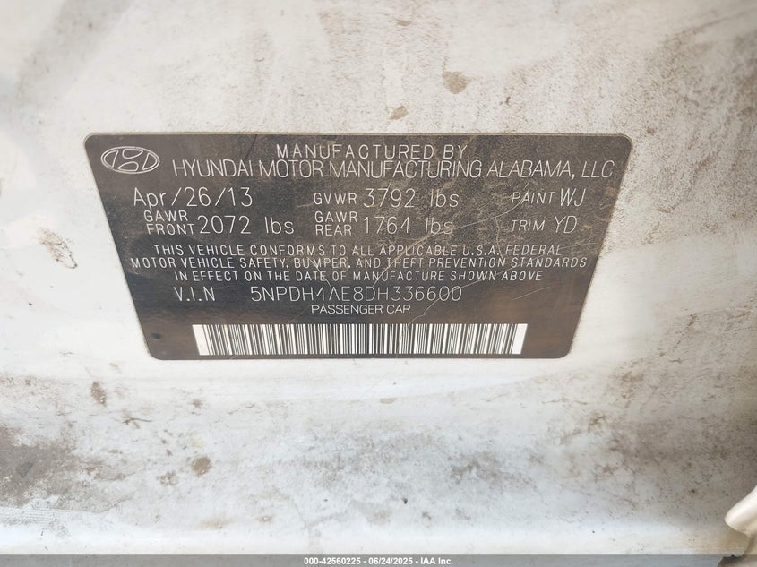 2013 HYUNDAI ELANTRA VIN: 5NPDH4AE8DH336600