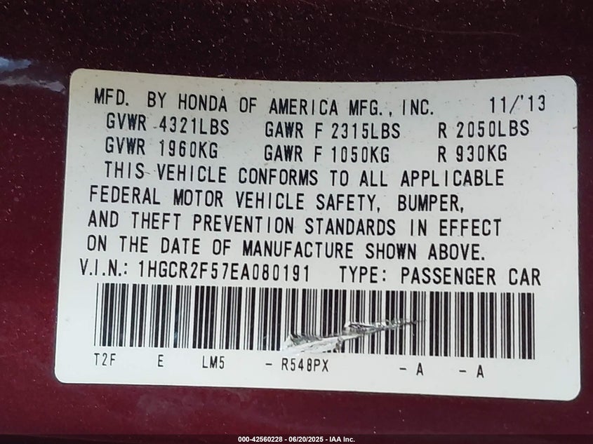 2014 Honda Accord Sport VIN: 1HGCR2F57EA080191 Lot: 42560228