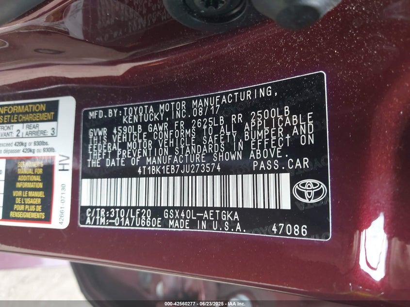 VIN 4T1BK1EB7JU273574 2018 TOYOTA AVALON XLE PREMIUM