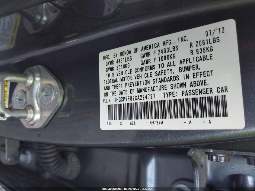 2012 Honda Accord 2.4 Ex-L VIN: 1HGCP2F82CA224727 Lot: 42560290