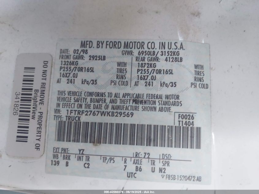 1998 Ford F-250 Lariat/Standard/Xl/Xlt VIN: 1FTRF2767WKB29569 Lot: 42560376