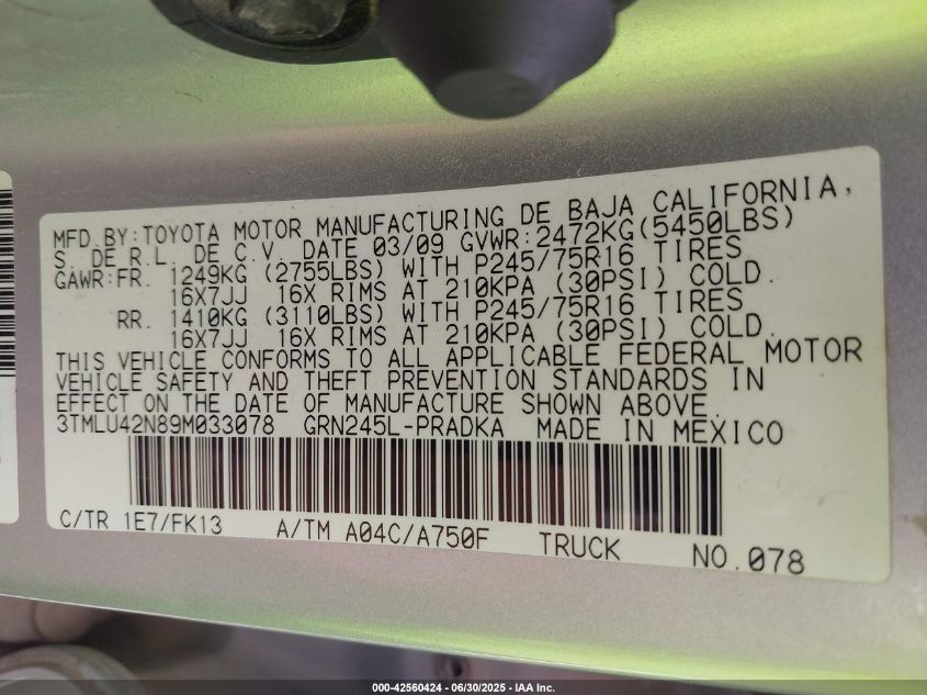 2009 Toyota Tacoma Base V6 VIN: 3TMLU42N89M033078 Lot: 42560424