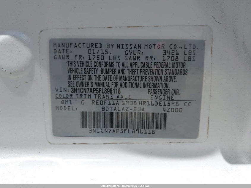 2015 NISSAN VERSA 1.6 S+ - 3N1CN7AP5FL896118