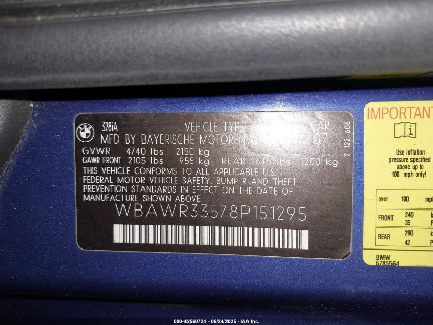2008 BMW 328I VIN: WBAWR33578P151295 Lot: 42560724
