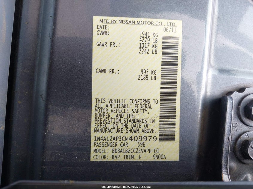 2012 NISSAN ALTIMA VIN: 1N4AL2AP3CN409979