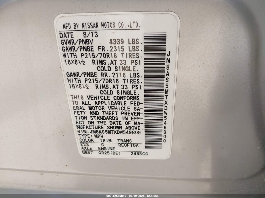 2013 NISSAN ROGUE VIN: JN8AS5MTXDW549809