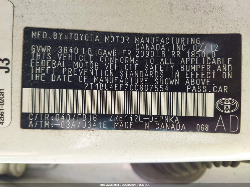 2012 TOYOTA COROLLA VIN: 2T1BU4EE7CC807554
