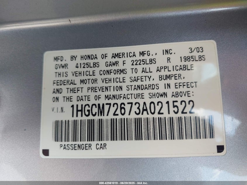 2003 Honda Accord 2.4 Ex VIN: 1HGCM72673A021522 Lot: 42561019