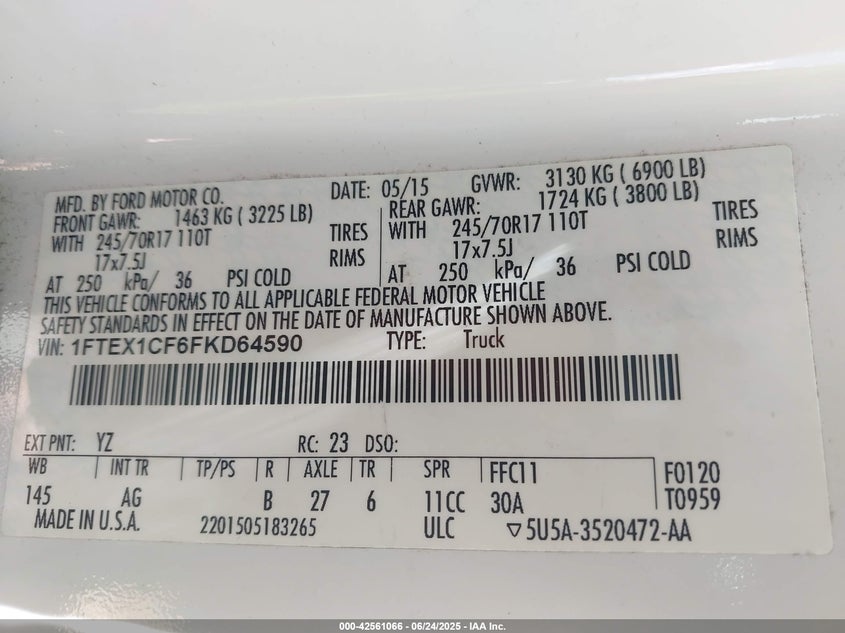 2015 FORD F-150 VIN: 1FTEX1CF6FKD64590