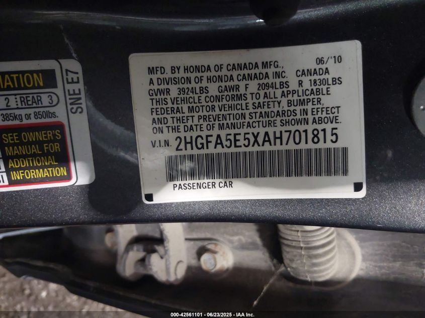 2010 Honda Civic Si VIN: 2HGFA5E5XAH701815 Lot: 42561101