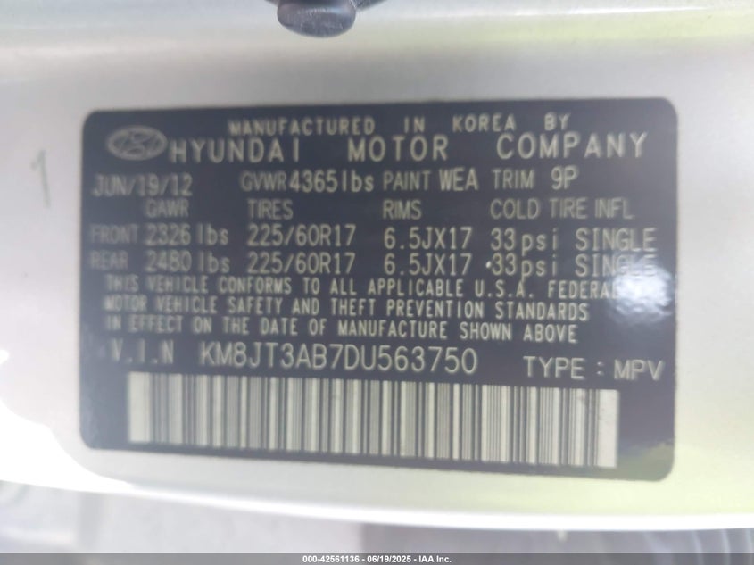 2013 Hyundai Tucson Gl VIN: KM8JT3AB7DU563750 Lot: 42561136