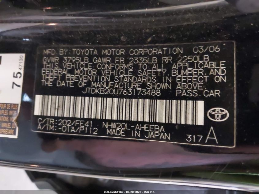 2006 Toyota Prius VIN: JTDKB20U763173488 Lot: 42561180