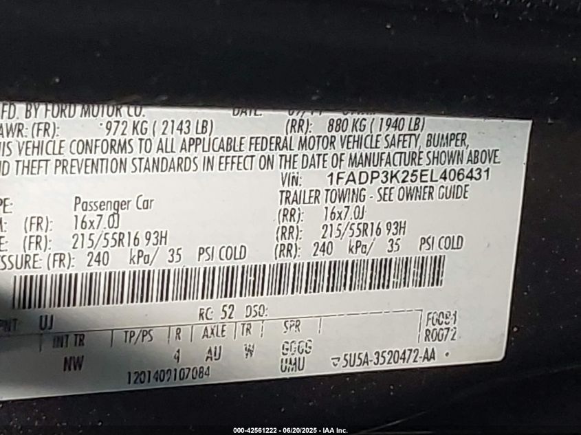 2014 Ford Focus VIN: 1FAD3K25EL406431 Lot: 42561222