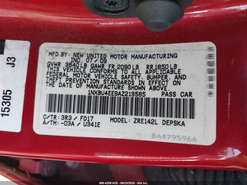 2010 TOYOTA COROLLA VIN: 1NXBU4EE9AZ219585