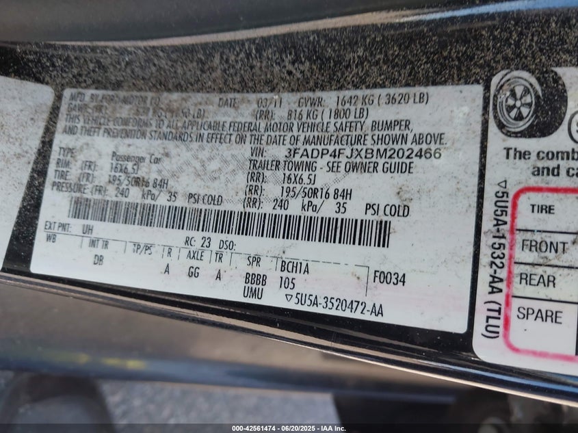 2011 FORD FIESTA VIN: 3FADP4FJXBM202466