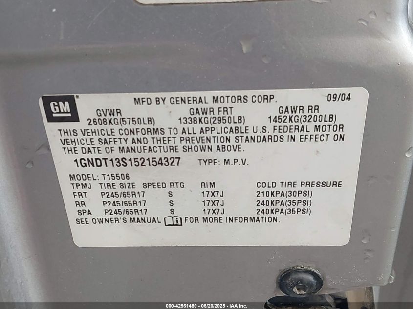 2005 Chevrolet Trailblazer Lt VIN: 1GNDT13S152154327 Lot: 42561480