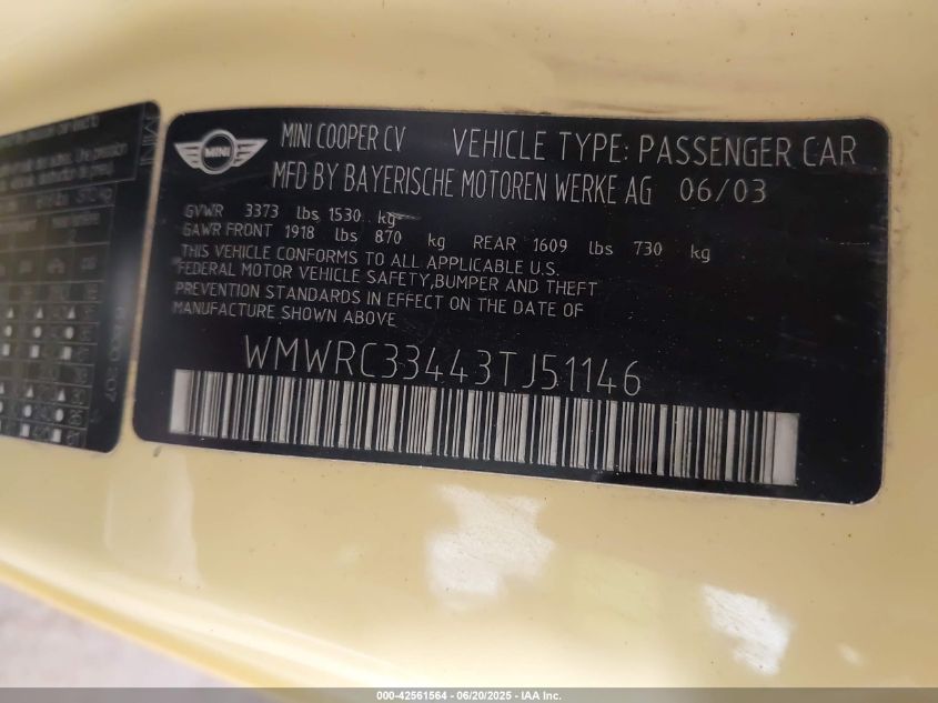 2003 Mini Cooper VIN: WMWRC33443TJ51146 Lot: 42561564
