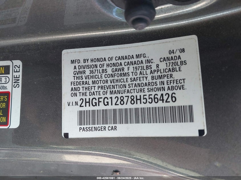 2008 HONDA CIVIC VIN: 2HGFG12878H556426