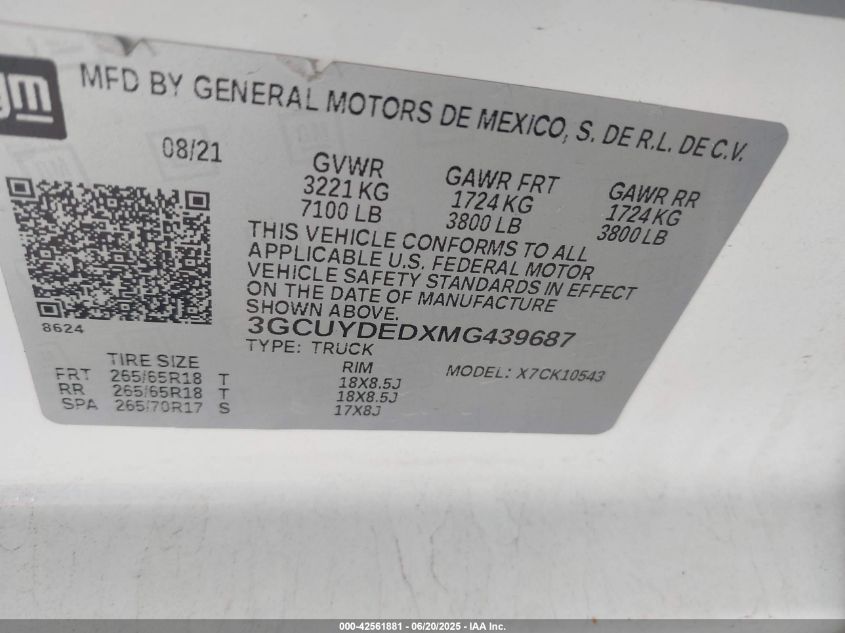 2021 Chevrolet Silverado 1500 4Wd Short Bed Lt VIN: 3GCUYDEDXMG439687 Lot: 42561881