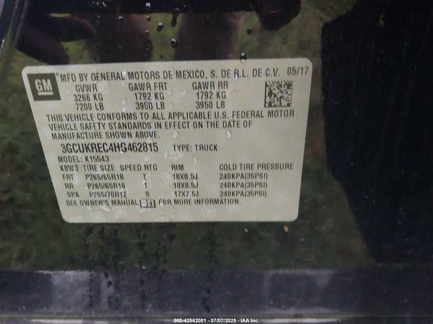 2017 CHEVROLET SILVERADO 1500 VIN: 3GCUKREC4HG462815