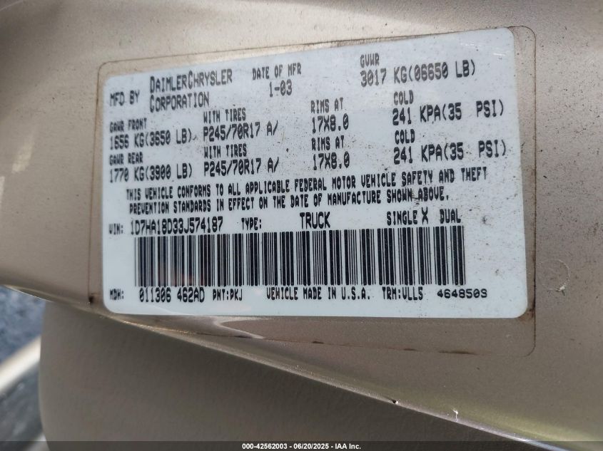 2003 Dodge Ram 1500 Slt/Laramie/St VIN: 1D7HA18D33J574187 Lot: 42562003