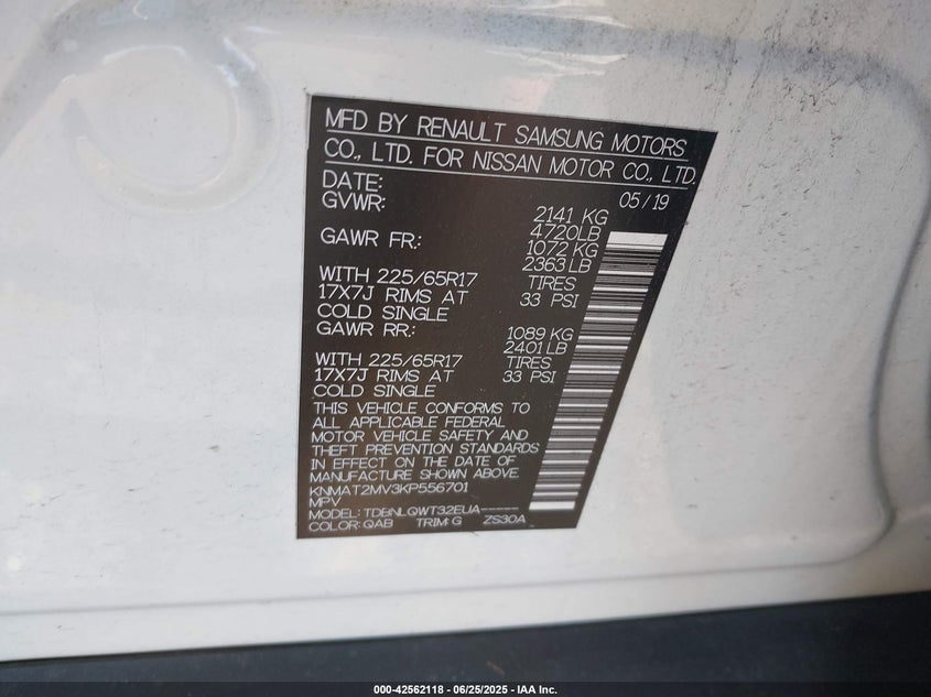 2019 NISSAN ROGUE SV - KNMAT2MV3KP556701