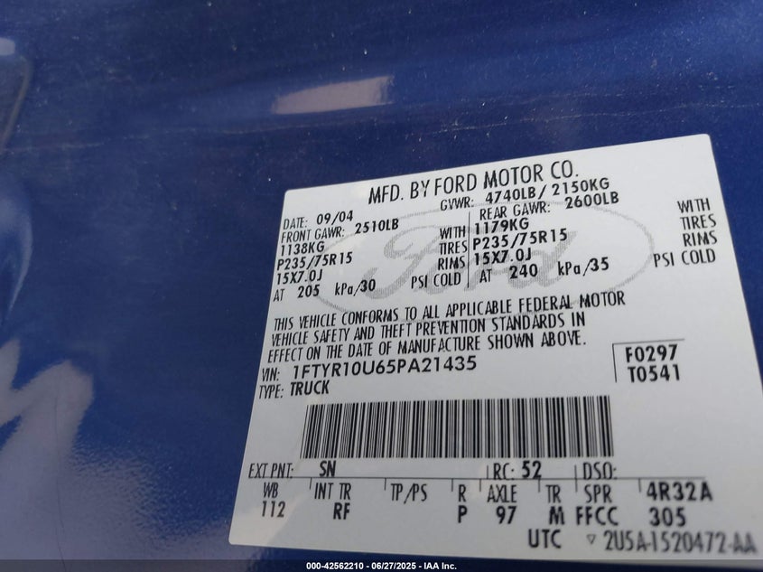 2005 Ford Ranger Edge/Stx/Xl/Xls/Xlt VIN: 1FTYR10U65PA21435 Lot: 42562210