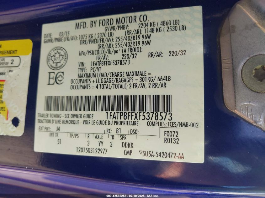 2015 Ford Mustang Gt Premium VIN: 1FATP8FFXF5378573 Lot: 42562258