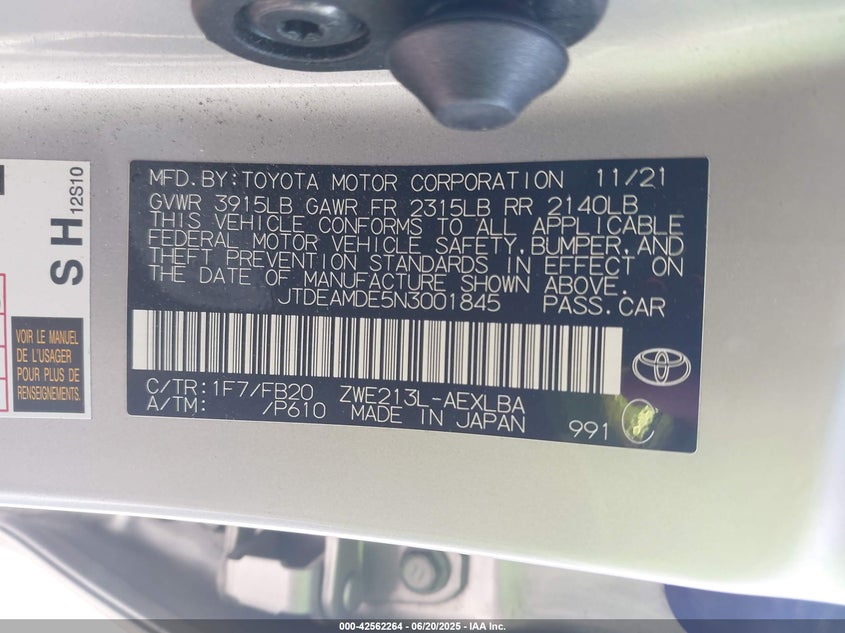 2022 Toyota Corolla Hybrid Le VIN: JTDEAMDE5N3001845 Lot: 42562264