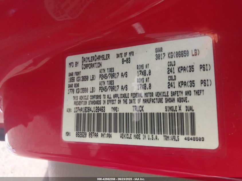 2004 Dodge Ram 1500 Slt/Laramie VIN: 1D7HA18D64J126463 Lot: 42562356