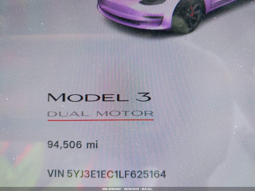 2020 TESLA MODEL 3 VIN: 5YJ3E1EC1LF625164