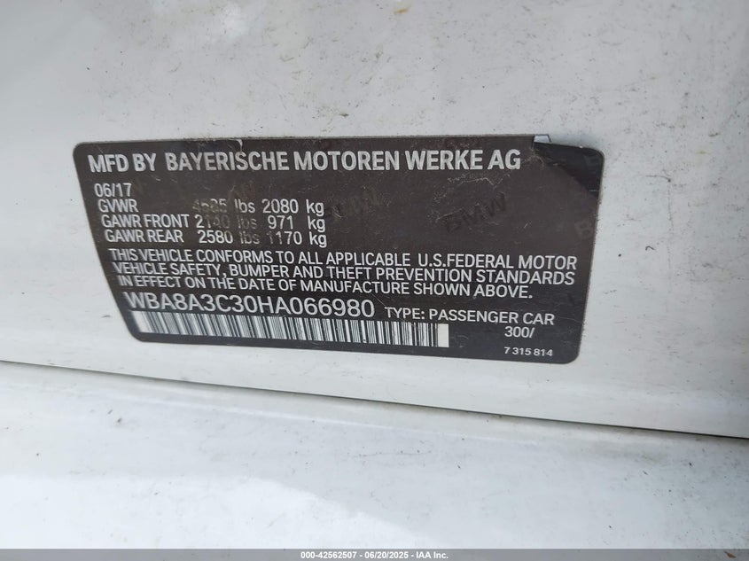 VIN WBA8A3C30HA066980 2017 BMW 320I XDRIVE