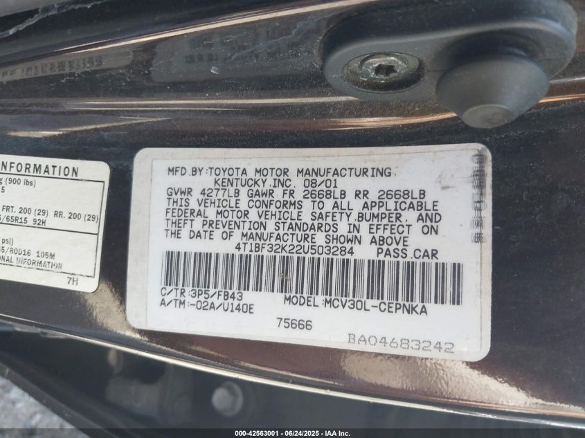 2002 Toyota Camry Le V6 VIN: 4T1BF32K22U503284 Lot: 42563001