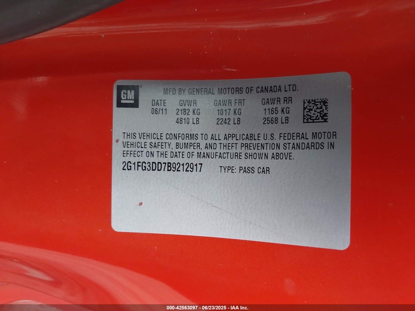 2011 CHEVROLET CAMARO VIN: 2G1FG3DD7B9212917