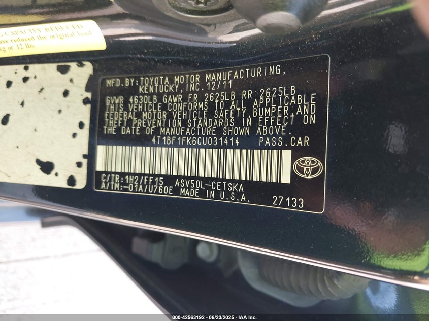 2012 TOYOTA CAMRY VIN: 4T1BF1FK6CU031414