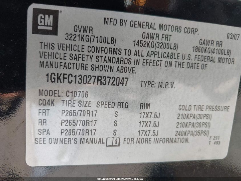 2007 GMC Yukon VIN: 1GKFC13027R372047 Lot: 42563229