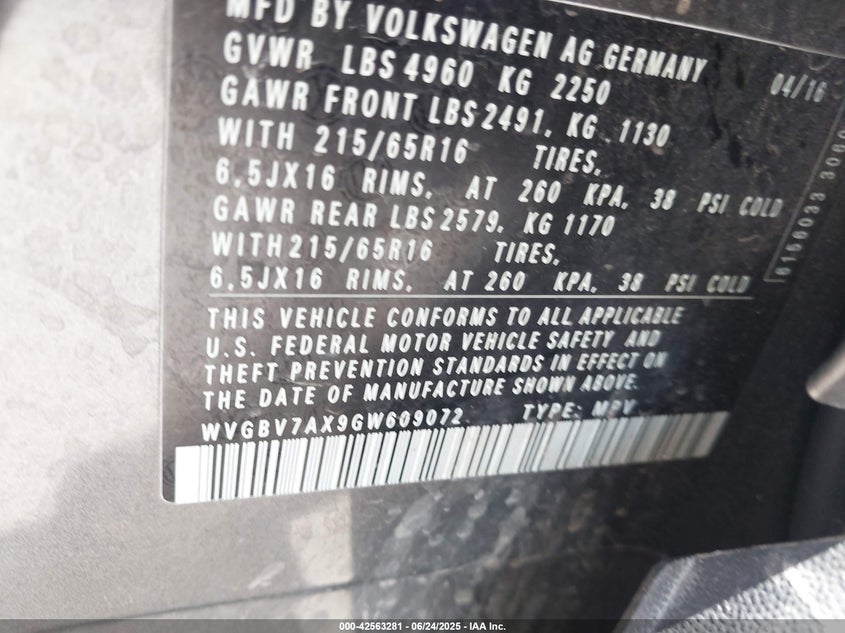 2016 VOLKSWAGEN TIGUAN S - WVGBV7AX9GW609072