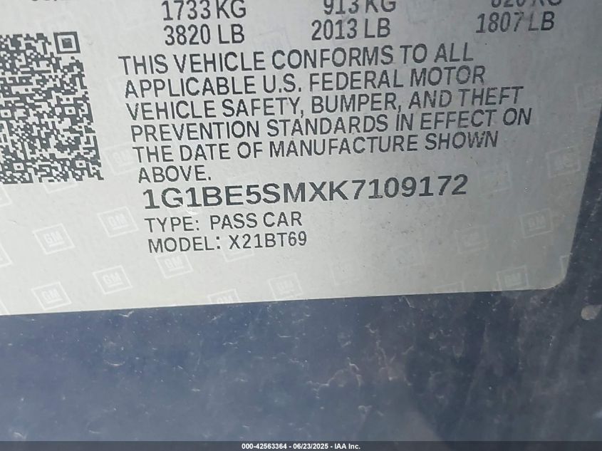 2019 Chevrolet Cruze Lt VIN: 1G1BE5SMXK7109172 Lot: 42563364