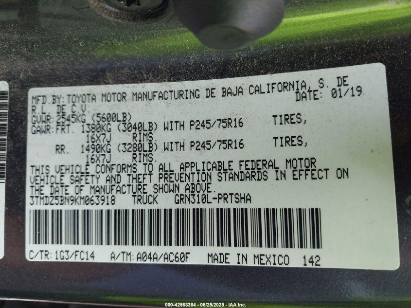 2019 Toyota Tacoma Sr5 V6 VIN: 3TMDZ5BN9KM063918 Lot: 42563384