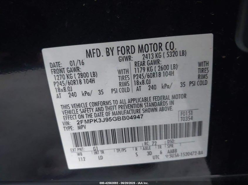 2016 FORD EDGE VIN: 2FMPK3J95GBB04947