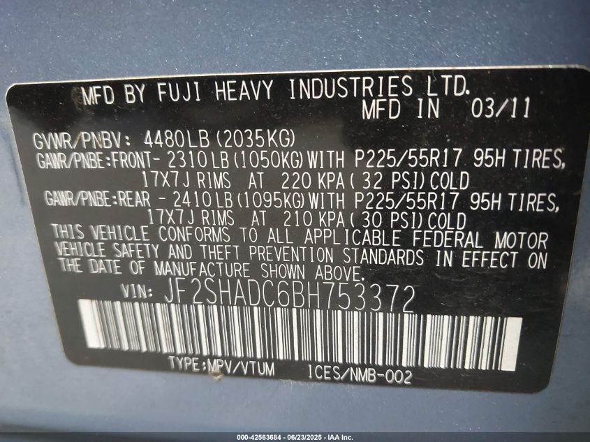 2011 Subaru Forester 2.5X Premium VIN: JF2SHADC6BH753337 Lot: 42563684