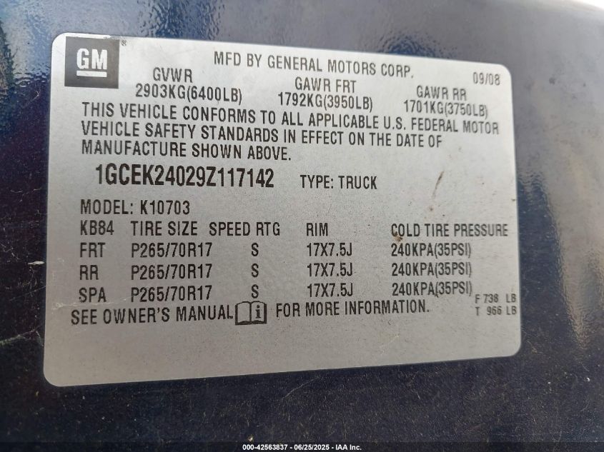 2009 Chevrolet Silverado 1500 Lt VIN: 1GCEK24029Z117142 Lot: 42563837