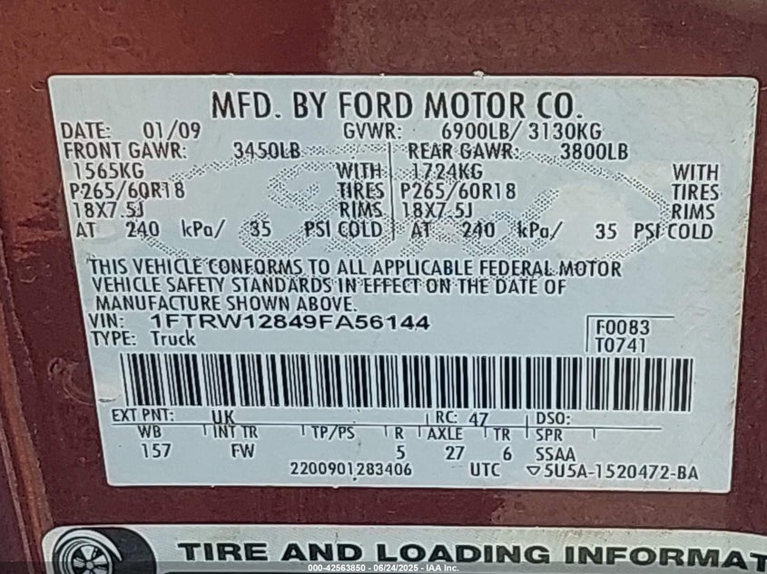 2009 FORD F-150 VIN: 1FTRW12849FA56144