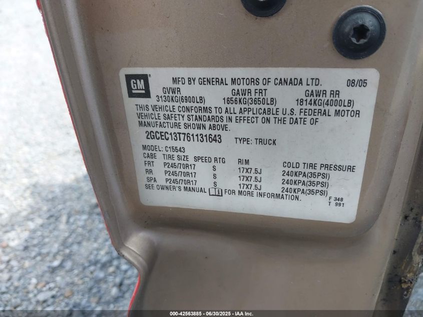 2006 Chevrolet Silverado 1500 Lt1 VIN: 2GCEC13T761131643 Lot: 42563885