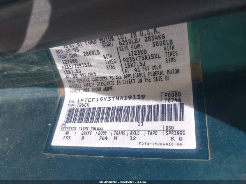 1996 Ford F150 VIN: 1FTEF15Y3TNA19139 Lot: 42564205