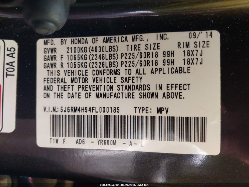 2015 HONDA CR-V TOURING - 5J6RM4H94FL000185