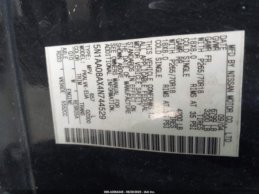 2004 Nissan Armada Se/Le VIN: 5N1AA08AX4N744529 Lot: 42564345