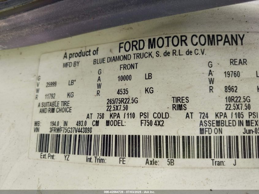 2007 Ford F-750 Xl/Xlt VIN: 3FRWF75G37V443898 Lot: 42564728