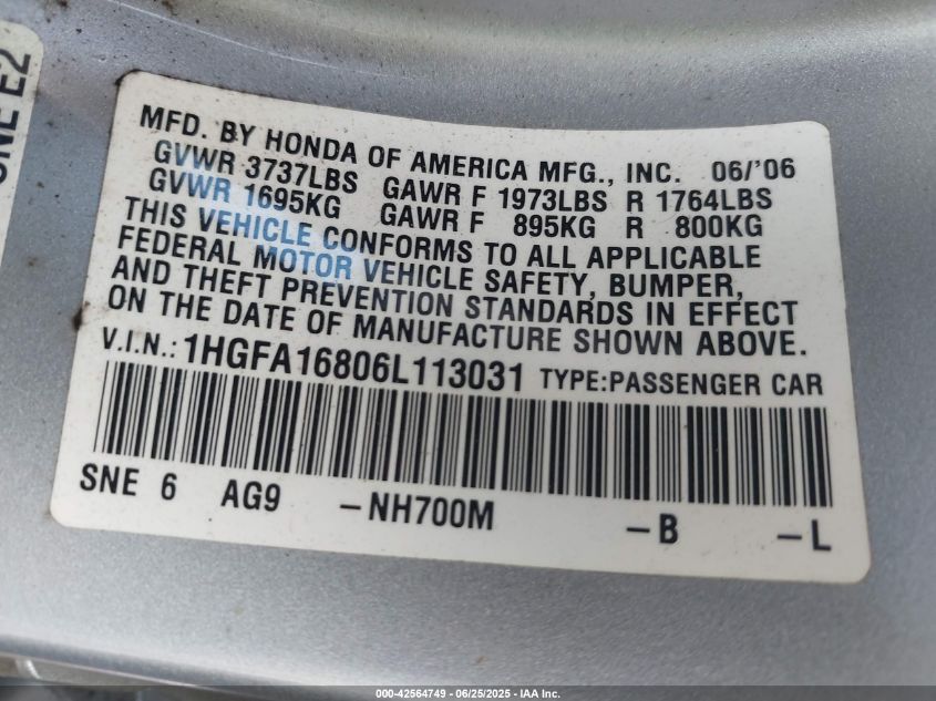 2006 Honda Civic Ex VIN: 1HGFA16806L113031 Lot: 42564749